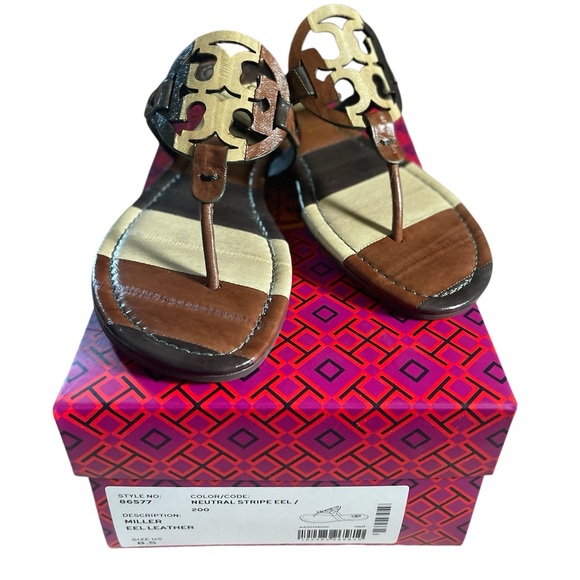 Tory Burch Miller Eel Leather Neutral Stripe Sandal - Picture 5 of 6